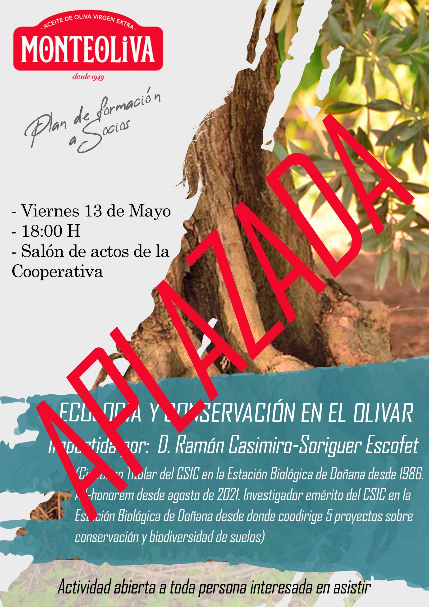Aplazada la conferencia sobre «Ecología y Conservación del Olivar»